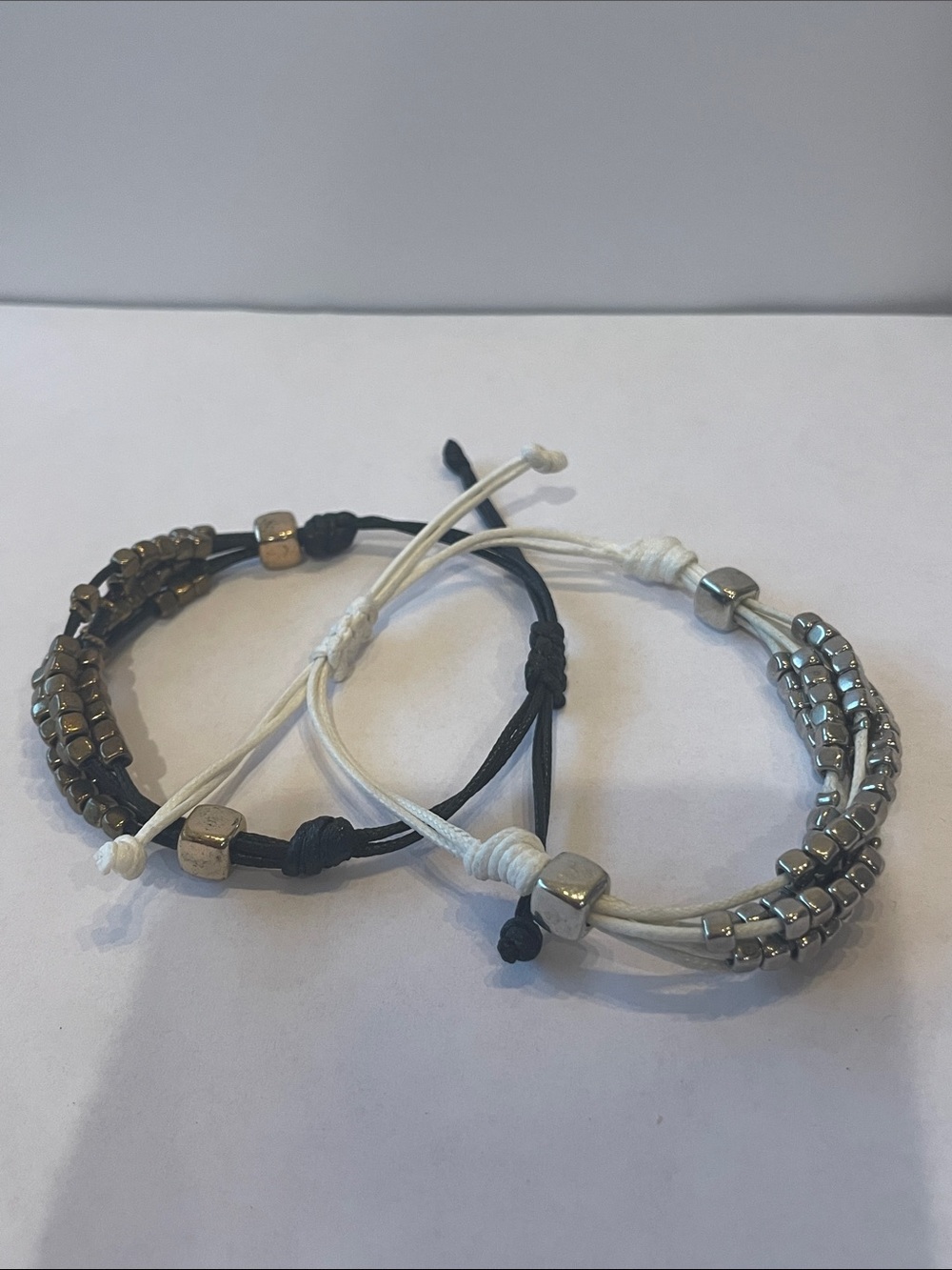 Beaded Cord Friendship Bracelets - Black, White, Metallic